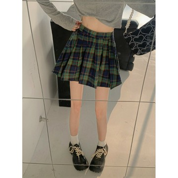 學院風復古綠色格子A字半身裙女2022新款高腰瘦顯短裙小個子裙子
