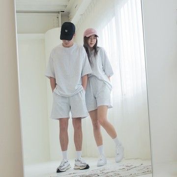 【AMERO】男裝 女裝 短袖休閑套裝 素面 細絨布 寬鬆 落肩 情侶裝