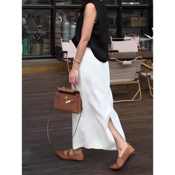 白色半身裙女2025夏季新款高腰顯瘦時尚簡約通勤百搭后開叉直筒裙