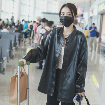 徐璐明星同款春秋裝機車PU皮衣外套中長款女酷帥氣皮襯衫衣服黑色