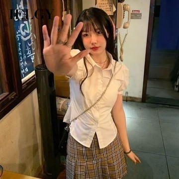 IELGY Polo領白襯衫女泡泡袖短款修身上衣