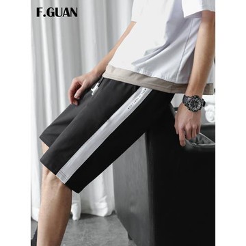 港風短褲男夏運動休閑中褲拼色條紋松緊腰五分褲潮學生慢跑沙灘褲