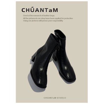 2025秋冬加絨新款黑色高跟短靴女短筒方頭粗跟馬丁靴瘦瘦靴女鞋