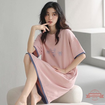 睡裙女華夫格純棉夏季新款短袖寬松連衣裙圓領全棉薄款睡衣家居服