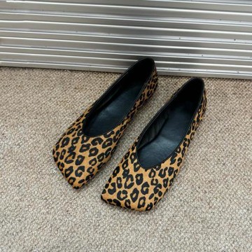 「羊皮版」秋季新款斜頭平底豹紋瑪麗珍單鞋女真皮韓版百搭小皮鞋