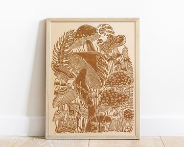 Linocut 印花植物赭色復古蘑菇 12x16 農舍廚房牆藝術