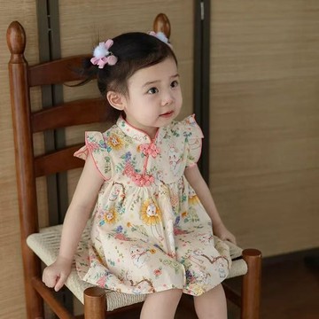 mori🎀mori女童連衣裙夏裝新款國風旂袍裙子寶寶週嵗禮服夏季兒童公主裙