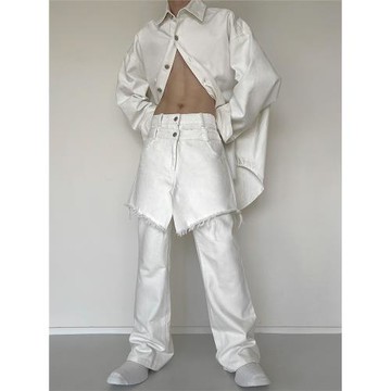 Babesochill“hippie“微喇破壞毛須白色圍裙雙層時髦牛仔褲