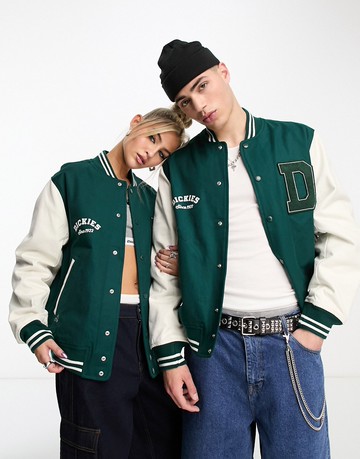 Dickies Unisex oak grove varsity jacket with contrast sleeves in green exclusive to asos