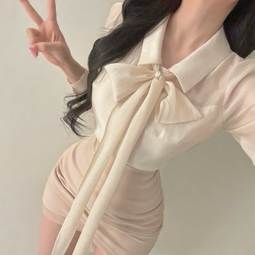 🇰🇷Korea韓國連線·正韓 氣質領結翻領襯衫+網紗抓皺短裙 領結襯衫 澎袖襯衫 蝴蝶結襯衫 高腰短裙 韓國女裝