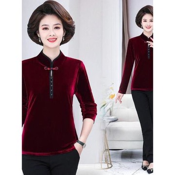 2025新款金絲絨小衫中老年媽媽春秋裝純色長袖旗袍上衣打底衫中式