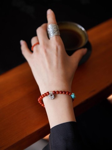 抱福  天然原礦南紅瑪瑙綠松石手鏈串珠未時原創女本命年新年禮物