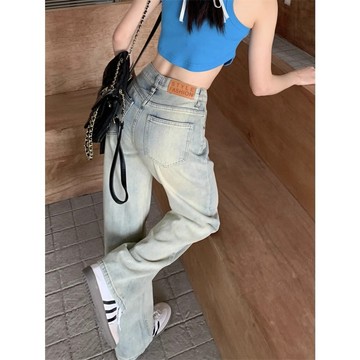 ROOLRREN 大碼牛仔褲 美式復古 顯瘦牛仔褲 高腰牛仔褲 寬鬆闊腿褲 垂墜感寬褲 顯瘦牛仔褲 直筒長褲