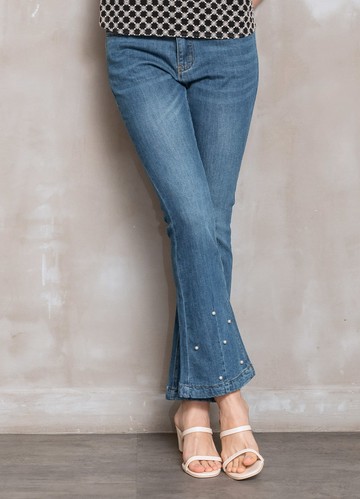 優雅率性珠飾喇叭牛仔褲