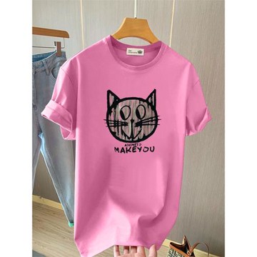 2026新款春夏季韓版美式條紋貓咪卡通上衣寬松粉色短袖t恤女潮牌