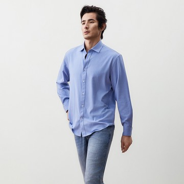 彈性雙面刷毛條紋長袖休閒襯衫/午夜藍色 | 5612397875