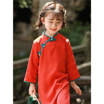 兒童長款旗袍女童桔紅中國風禮服寶寶中式連衣裙古風童裝春秋款