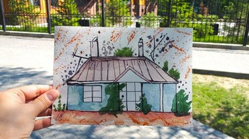 粉紅屋頂的房子，水彩畫，藝術品，建築，藝術。
