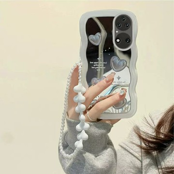 免運·銀色愛心補妝鏡適用三星s24ultra手機殼s25+s23fe波浪邊s22+s21+簡約s20fe清新a55a15女