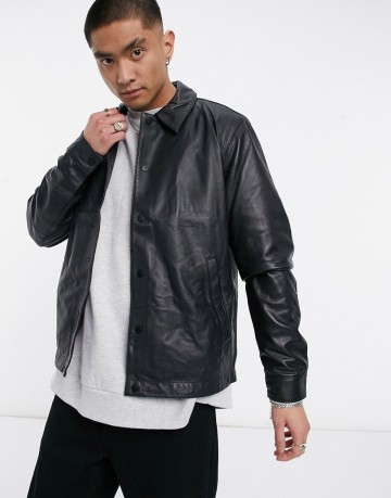 ASOS DESIGN leather coach jacket in black推薦| ASOS | LINE購物