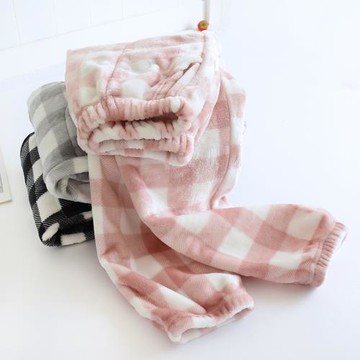 日系格子法蘭絨睡褲女秋冬加厚休閑雙面絨收小腳腿口珊瑚絨暖暖褲