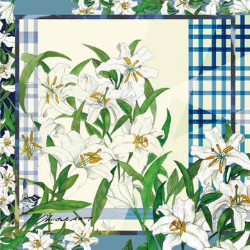 水彩百合與藍白鶲純棉手帕 50cm 日本 Christal ART