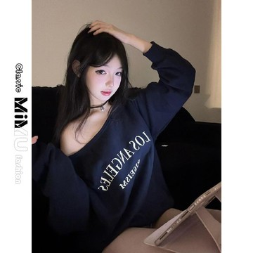 【MIMU】顯高衛衣 韓系衛衣【斜領】仿棉華棉複合牛奶絲310克 秋冬季美式復古斜肩印花寬鬆衛衣女