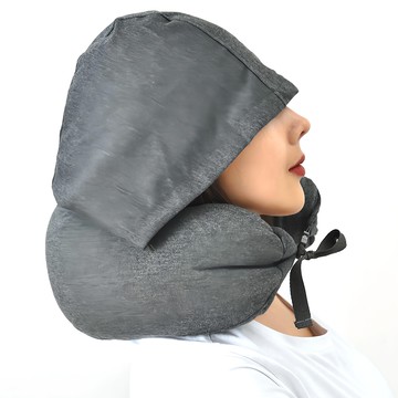 ANTIAN 日式無印風帶帽U型頸枕 多功能辦公室遮光午睡枕  66 x 16.5cm  深灰色