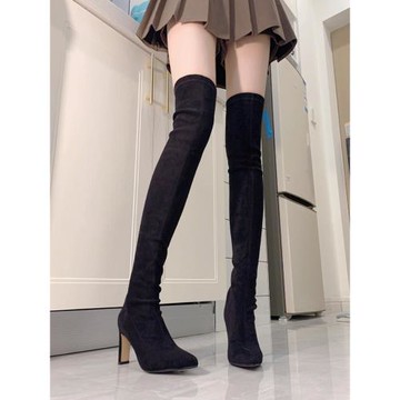 過膝長筒靴女2024新款秋冬季高筒靴尖頭高跟長靴女粗跟彈力瘦瘦靴