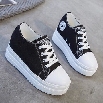 厚底帆布鞋女春季單鞋2024年新款內增高8cm休閑韓版松糕板鞋百搭