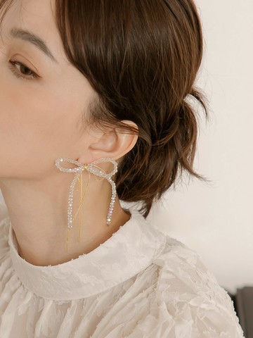 水晶蝴蝶結多戴法925銀針耳環