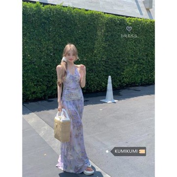 kumikumi海邊度假風碎花掛脖吊帶連衣裙女夏季辣妹網紗露背A字裙