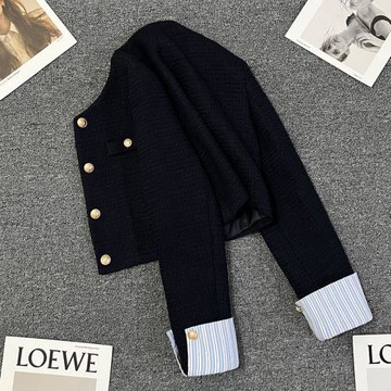 藏青色小香風短外套女2024年秋季新款袖口條紋翻袖設計獨特上衣潮