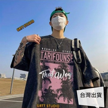 水洗做舊 短袖 T恤 短袖上衣 美式復古夏季新款美式復古水洗短袖T恤港風男士美式復古t恤體恤百搭上衣男