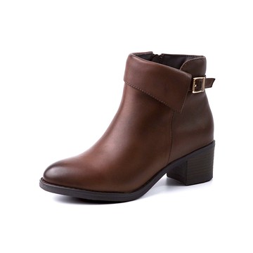 (限時⬊5折)GREEN PINE翻領不對稱拉鍊粗跟短靴 咖啡色 (00861281)