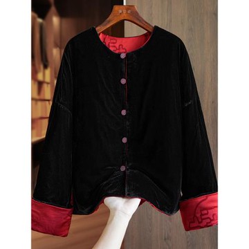 (免運)黑色雙面穿真絲絨新中式棉衣棉服女款冬季復古提花金絲絨夾棉外套