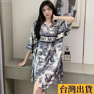 🌈台倉出庫🌈 貓咪睡衣裙女 新款夏季 高檔冰絲睡裙 洋氣絲滑睡裙 可愛寬鬆大碼睡裙女 薄款絲綢睡衣 冰絲綢睡衣 長版