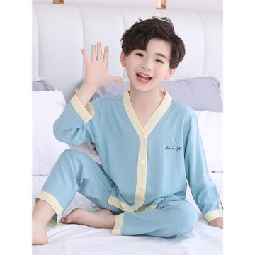 兒童睡衣夏季男童薄款棉綢長袖套裝夏天男孩小孩寶寶綿空調家居服