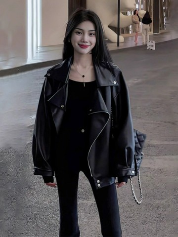 秋冬ins街頭酷辣皮衣外套女寬松oversize夾克大碼PU皮氣質機車服