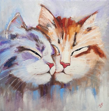 貓咪油畫．成對貓咪．原創藝術．浪漫寵物肖像．手工油畫，油畫原作