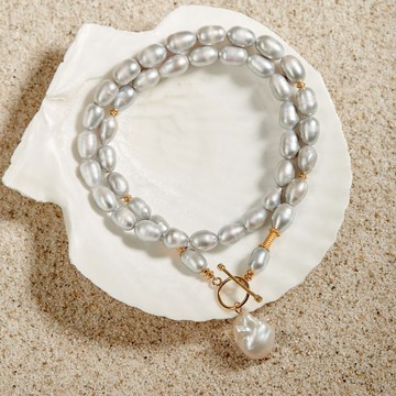 天然灰色巴洛克珍珠吊墜項鍊7–8mm 金銀OT扣 經典韓系情人節禮物