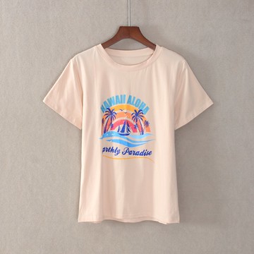 女裝短袖修身圓領字母印花棉文藝簡約T恤衫顯瘦潮