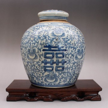 晚清民國民窯青花喜字罐 蓋罐 茶葉罐古玩古董老貨陶瓷器收藏擺件