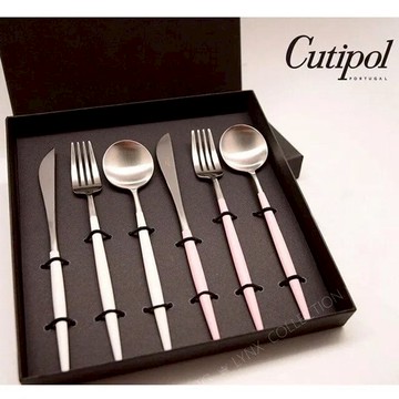GOA系列-粉柄白柄雙色霧面不銹鋼-餐具6件禮盒組(主餐刀叉匙)