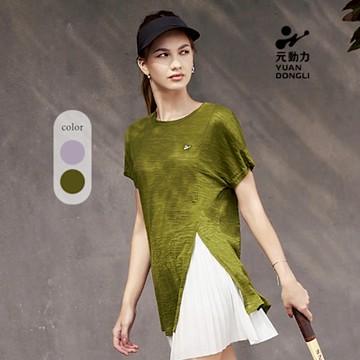 元動力 連肩袖微透側開衩長版上衣(兩色；S-M)