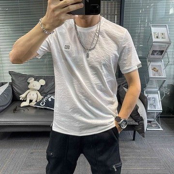 冰絲短袖 涼感 透氣 冰絲高檔清涼棉麻短袖恤男新款速幹簡約純色亞麻透氣冰感潮牌0707