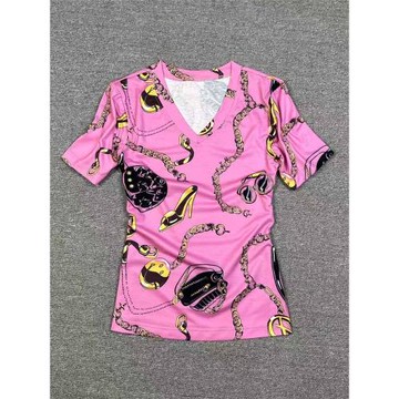 純棉v領時尚粉色T恤女青春洋氣顯瘦雞心領體恤女裝上衣t恤打底衫