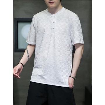 冰絲短袖t恤男夏季薄款中國風男裝提花上衣中式復古盤扣半袖體恤