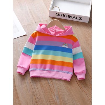 女童連帽衛衣春秋裝2025新款洋氣兒童彩虹條紋上衣秋季套頭衣服潮