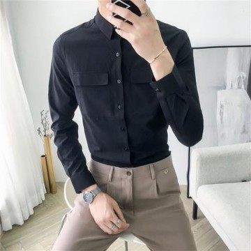 韓國時尚白色百搭大口袋設計韓版修身純色免燙男士休閑長袖襯衫潮